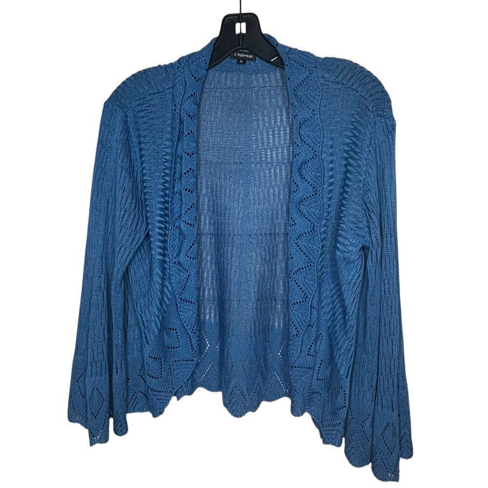 J. Peterman Lightweight Blue Romantic Lacey Knit Open Cardigan Sweater Size XL